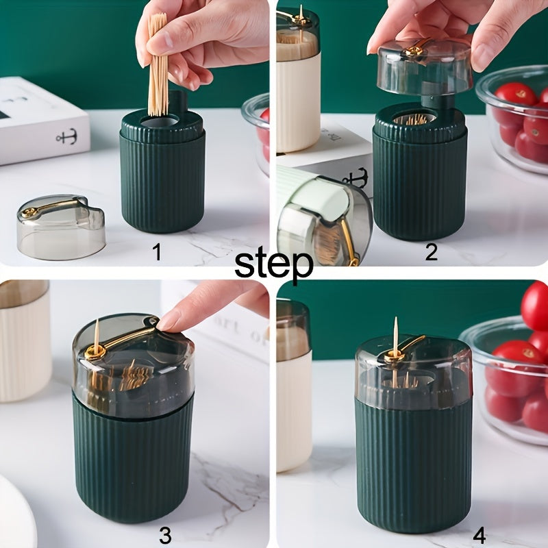 1pc, Toothpick Box, Light Luxury Creative Storage Toothpick Box, Creative Design Swab Jar, Automatic Release Press-type Plastic Toothpick Box, Dental Floss Box, Home Accessories