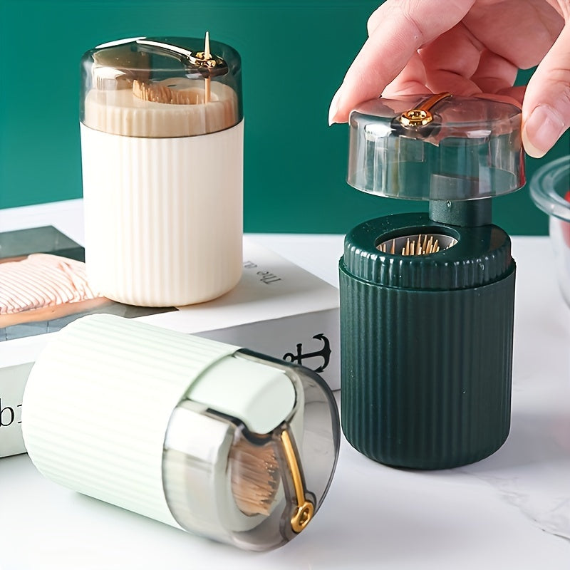 1pc, Toothpick Box, Light Luxury Creative Storage Toothpick Box, Creative Design Swab Jar, Automatic Release Press-type Plastic Toothpick Box, Dental Floss Box, Home Accessories