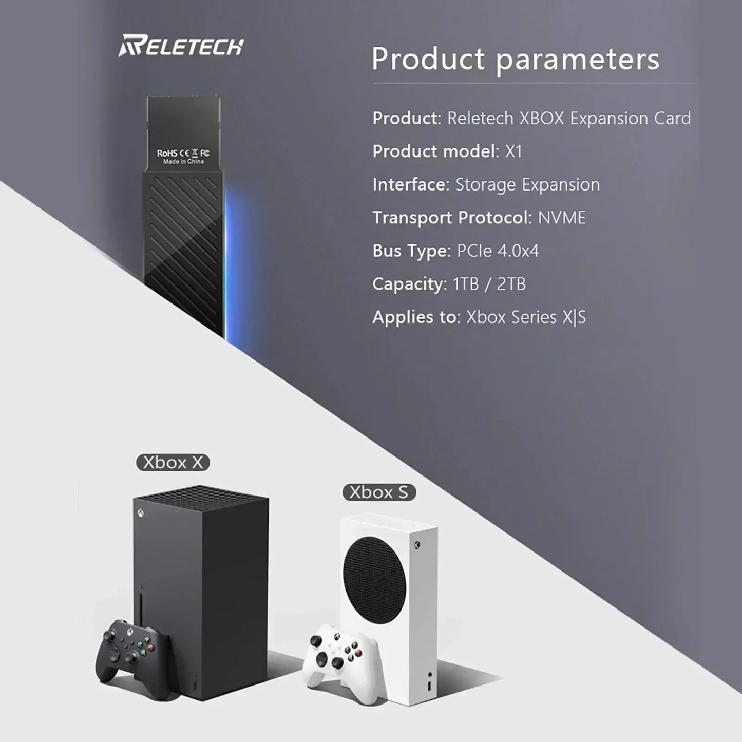 Reletech Xbox External Storage Expansion Card For Xbox Series X|S 1TB 2TB Solid State Drive,NVME PCIe Gen 4 SSD for Xbox S/X