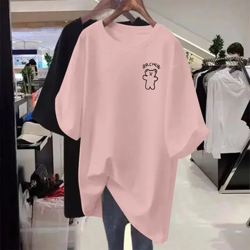 Women's casual loose oversized T-shirt, basic cartoon short sleeved top, 100 cotton, M-6XL elegant sweater