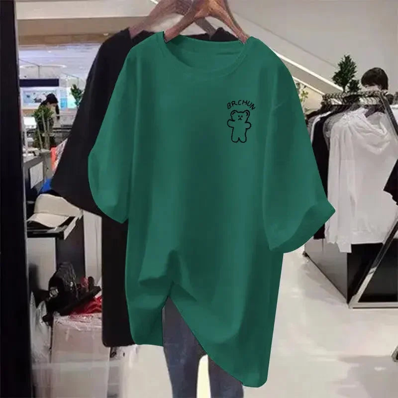 Women's casual loose oversized T-shirt, basic cartoon short sleeved top, 100 cotton, M-6XL elegant sweater