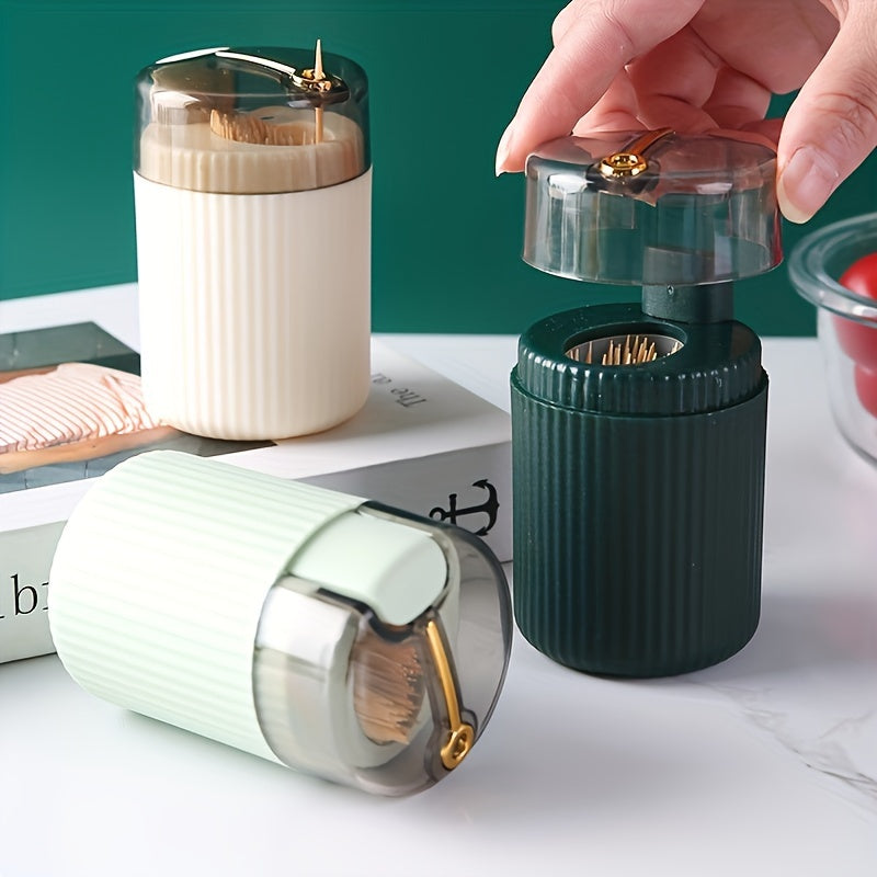 1pc, Toothpick Box, Light Luxury Creative Storage Toothpick Box, Creative Design Swab Jar, Automatic Release Press-type Plastic Toothpick Box, Dental Floss Box, Home Accessories