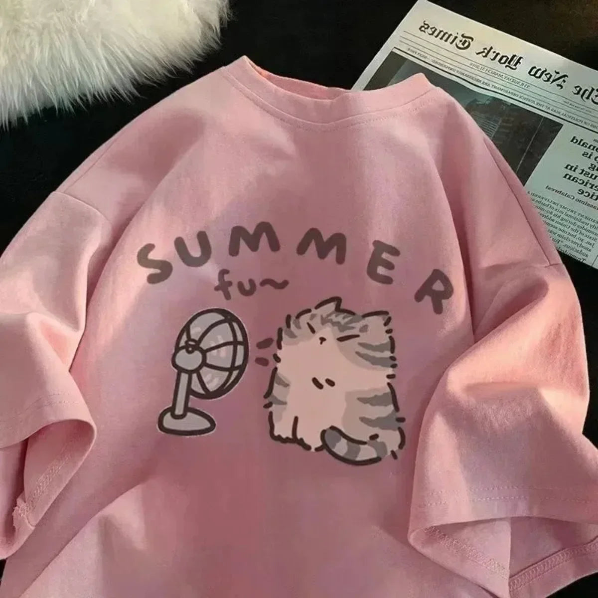 Summer Cat Print Funny Kids Women Tees T-shirt Girls Short Sleeve Korean Kpop Clothes Casual Oversized Free Shipping