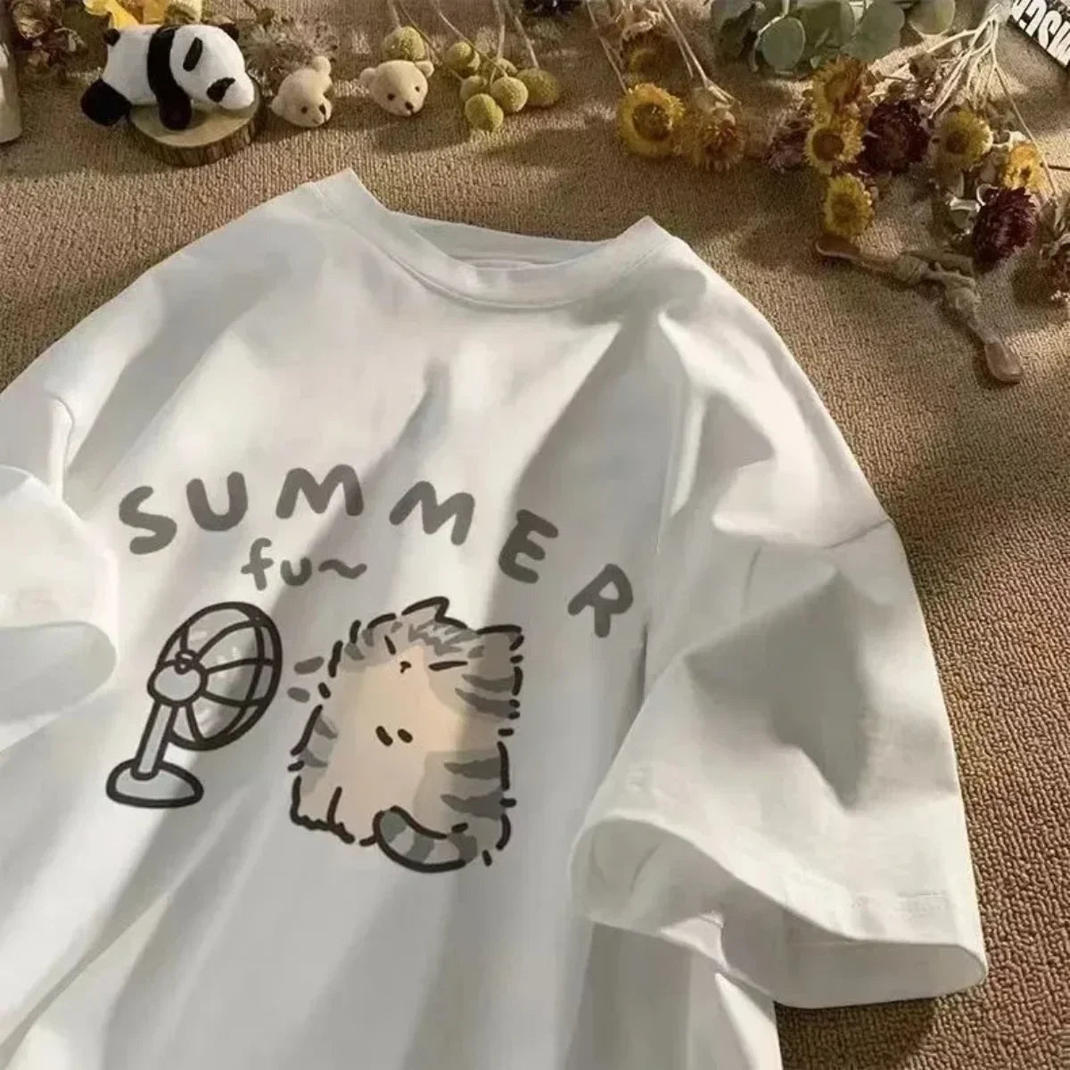 Summer Cat Print Funny Kids Women Tees T-shirt Girls Short Sleeve Korean Kpop Clothes Casual Oversized Free Shipping