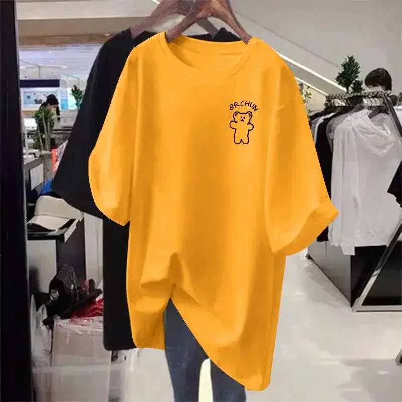 Women's casual loose oversized T-shirt, basic cartoon short sleeved top, 100 cotton, M-6XL elegant sweater