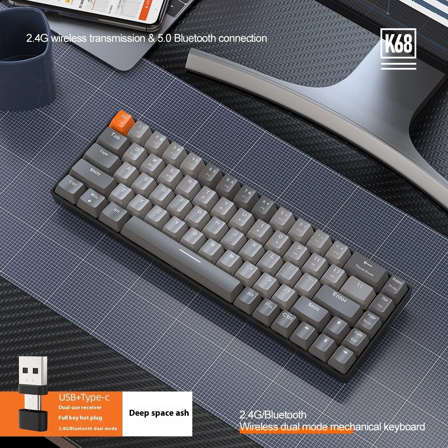 Ziyoulang K68 68 Keys Bluetooth Wireless Dual-Mode Mechanical Keyboard Customized Color Matching Hot-Swap Gaming Keyboard