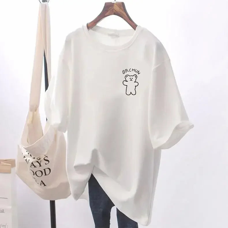 Women's casual loose oversized T-shirt, basic cartoon short sleeved top, 100 cotton, M-6XL elegant sweater