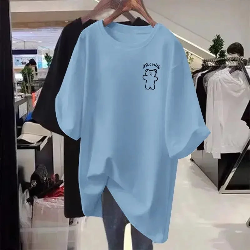 Women's casual loose oversized T-shirt, basic cartoon short sleeved top, 100 cotton, M-6XL elegant sweater