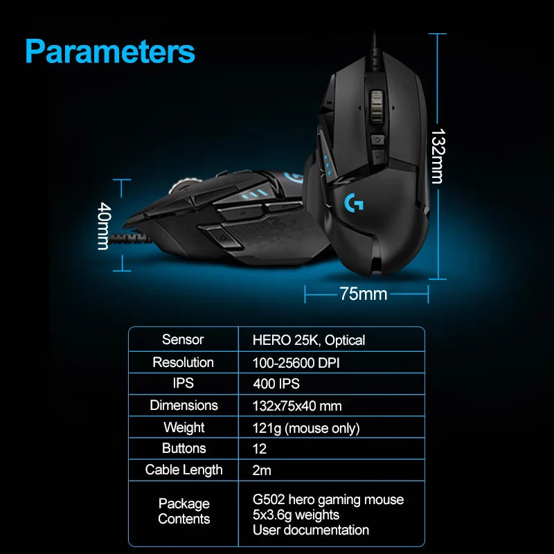 Logitech G502 HERO Cable Game Mouse High Performance RGB Light E-sports PUBG FPS Ergonomic Mice Adjustable Weight