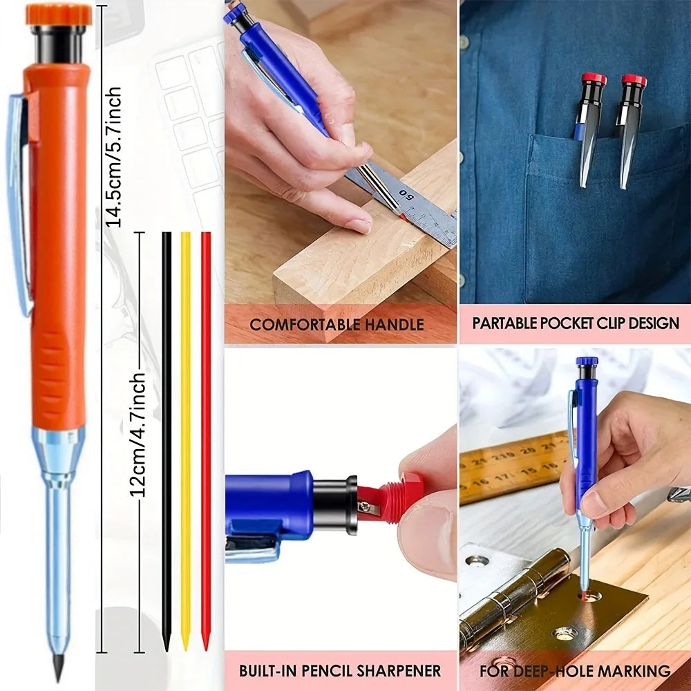 3pcs/set Solid Mechanical Carpenter Pencils With Pencil Cap, 2.8mm Long Nose Deep Hole Woodworking Pencil Markers with Sharpener